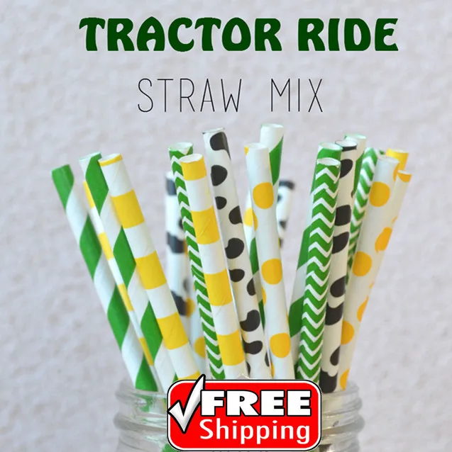 

250pcs Mixed 5 Designs Tractor Ride Themed Paper Straws-Black,Yellow,Green-Kids-Stripe,Dot,Chevron,Cow-Holiday,Novelty,Holiday