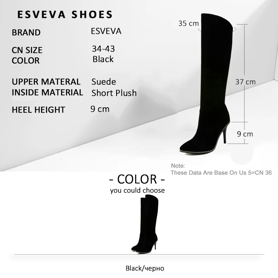 ESVEVA 2019 Women Boots Thin High Heels Zipper Knee-high Boots Winter Elegant Shoes Pointed Toe Western Style Woman Shoes 34-43
ESVEVA 2019 Women Boots Thin High Heels Zipper Knee-high Boots Winter Elegant Shoes Pointed Toe Western Style Woman Shoes 34-43