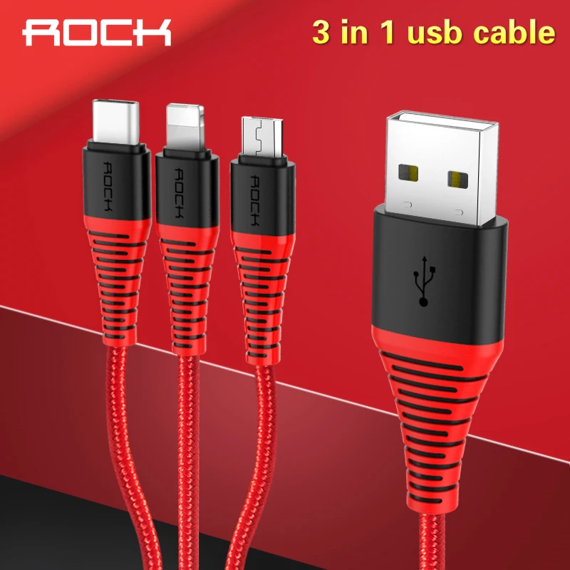 ROCK 3 в 1 кабель для зарядного устройства Lightning iPhone USB шнур 3в1 Micro Type C передачи данных