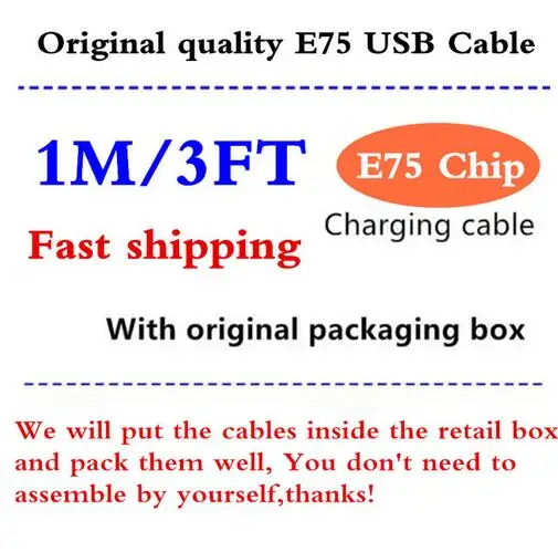 100 шт./оригинальное качество 1 м/3 фута E75 чип OD: 3 0 мм USB кабель для зарядного