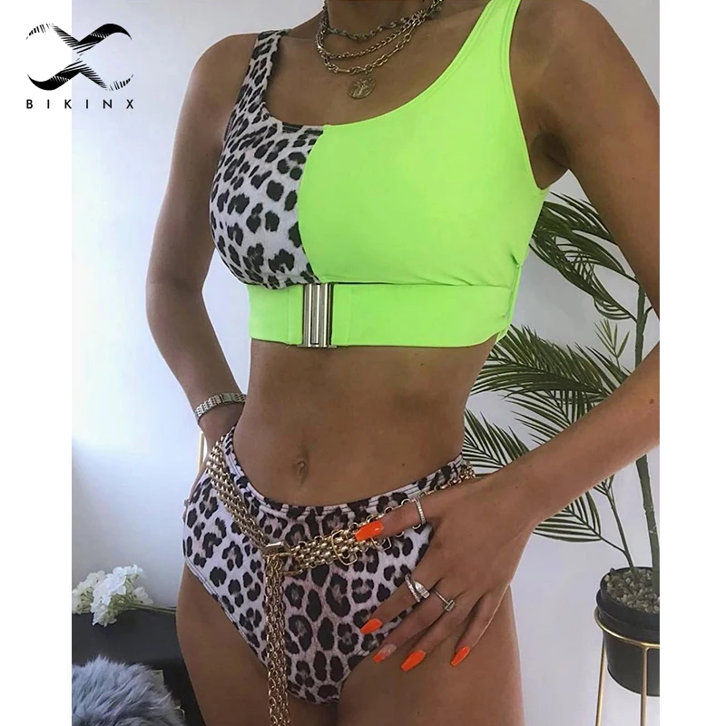 Женский купальник с высокой талией Bikinx Леопардовый сексуальный пряжкой на поясе