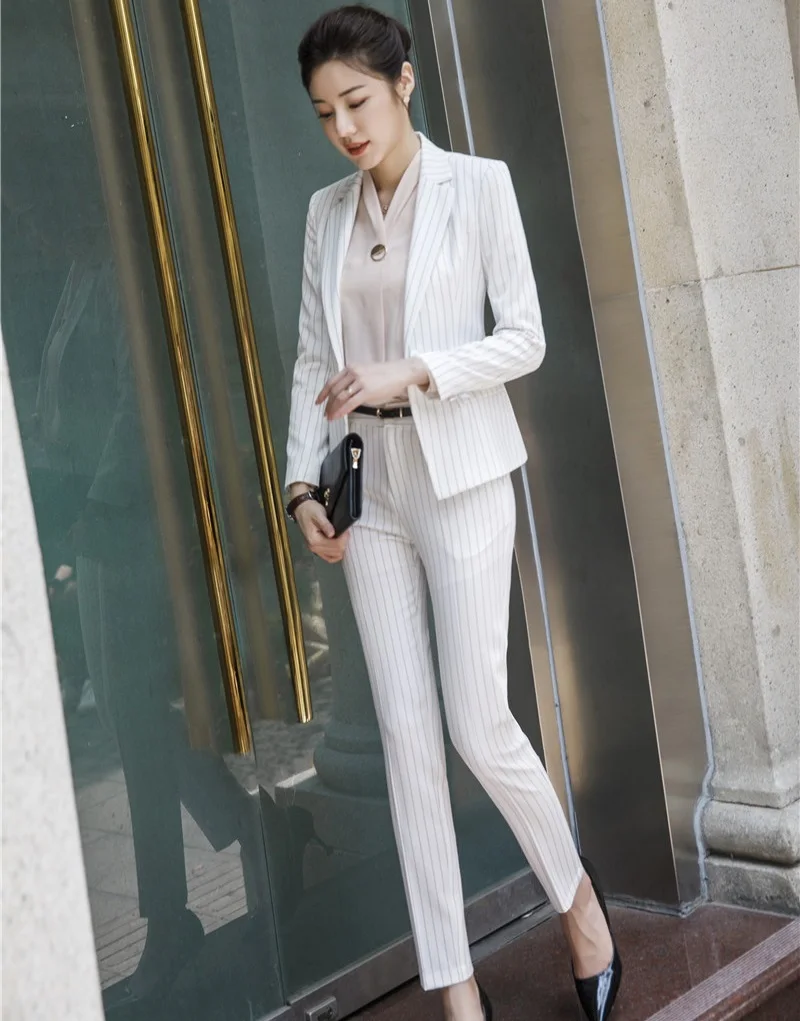 Fashion Striped Autumn Winter Ladies Business Suits With Jackets and Pants Uniform Styles Women Professional Office Pants Suits
Fashion Striped Autumn Winter Ladies Business Suits With Jackets and Pants Uniform Styles Women Professional Office Pants Suits
