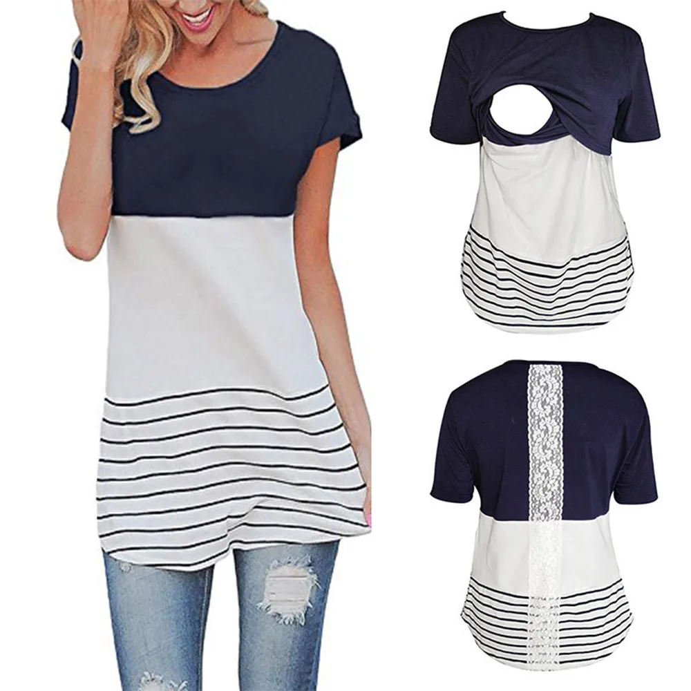 Summer Nursing Top Maternity Clothing Stripe Print T-shirt Lace Splice Pregnant Clothes For Embarazada Short Sleeve Pregnant Top
Summer Nursing Top Maternity Clothing Stripe Print T-shirt Lace Splice Pregnant Clothes For Embarazada Short Sleeve Pregnant Top