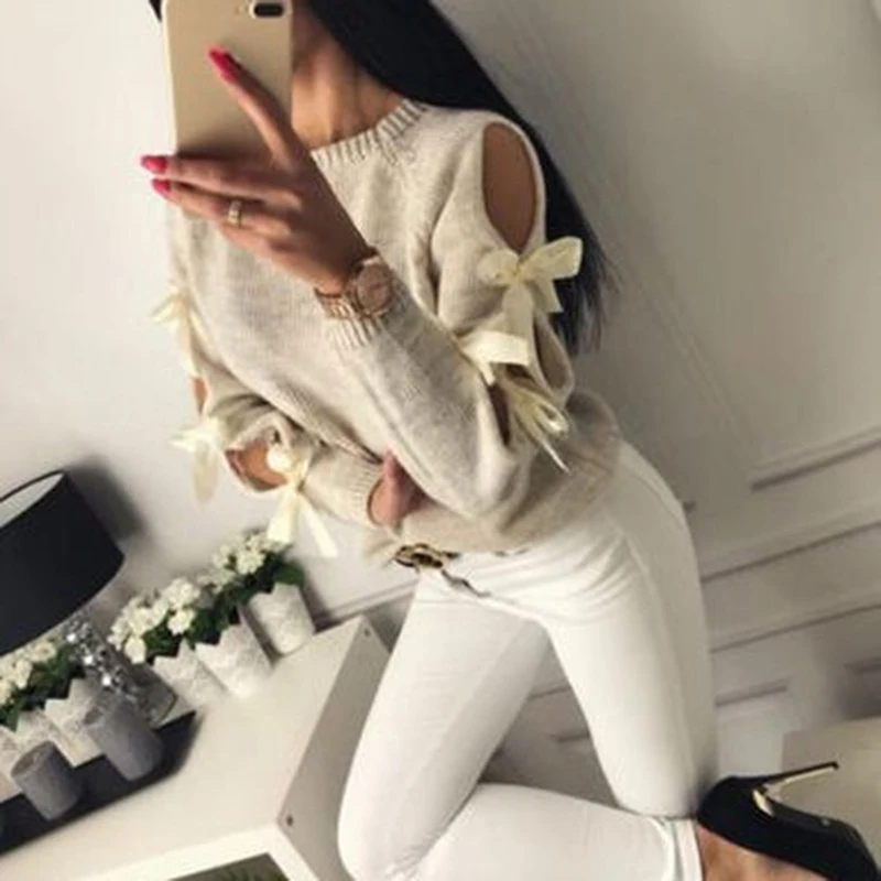Sexy Hollow Out Long Sleeve Warm Knitting Sweater Pullover Women Bow Loose O-Neck Tops Knitwear Jumper Pull Femme New
Sexy Hollow Out Long Sleeve Warm Knitting Sweater Pullover Women Bow Loose O-Neck Tops Knitwear Jumper Pull Femme New