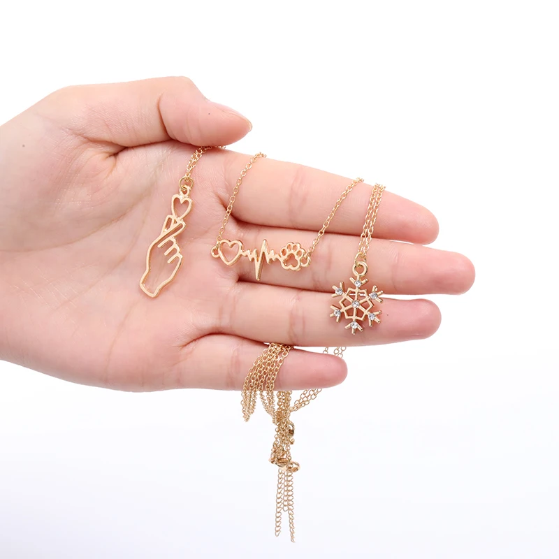 

Snowflake Chain I Love Heart You Hand Gestures Sign Language charm Necklace geometric hollow Dog Cat Paw Heartbeat Wave Necklace