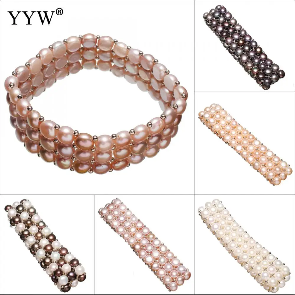 

Handmade Freshwater Cultured Pearl Bracelet Natural Pearl 3 Rows Wristband Approx 7.5 Inch Strand Statement Bracelets for woman