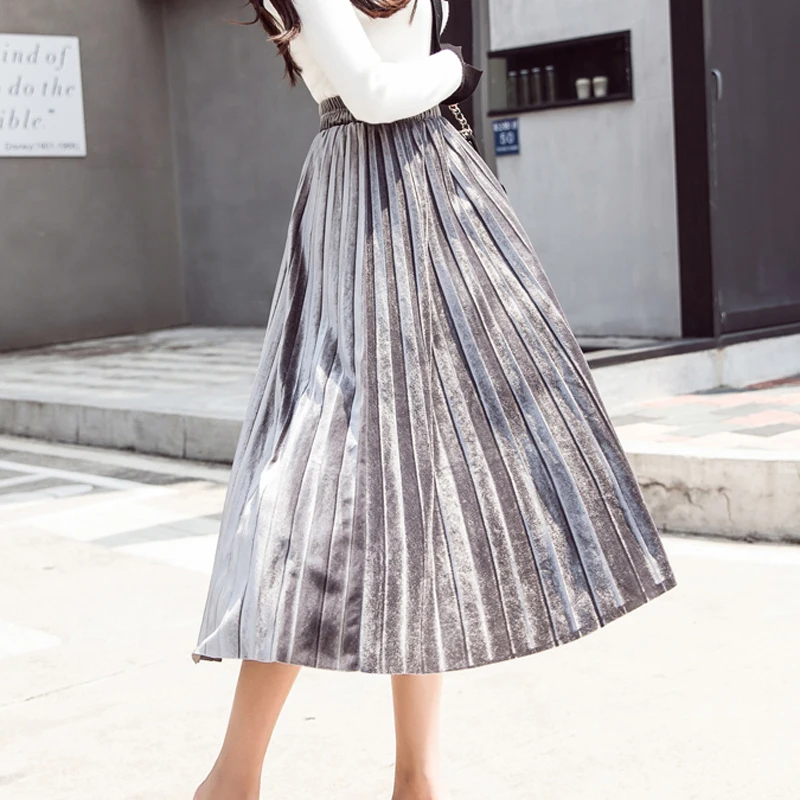 Женская длинная Плиссированная юбка винтажная облегающая Серебристая средней