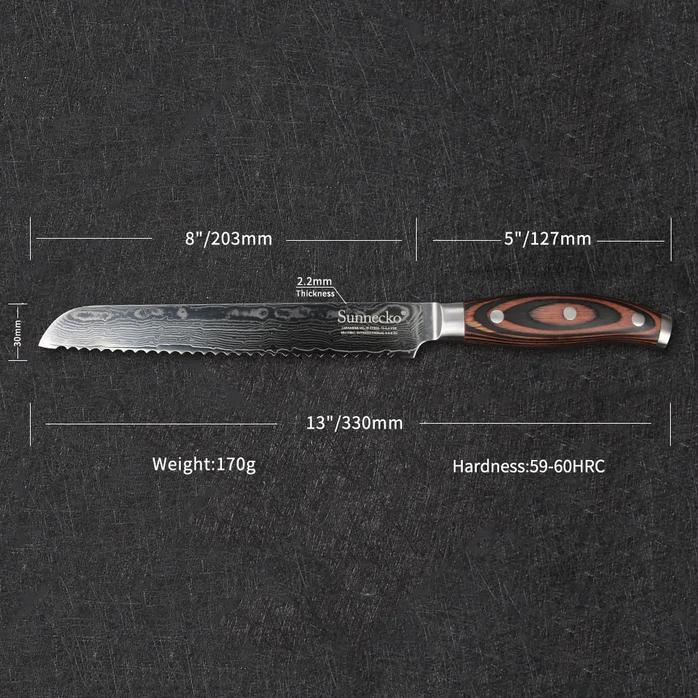 Нож для хлеба Sunnecko VG10 семейный японские кухонные ножи из дамасской стали с