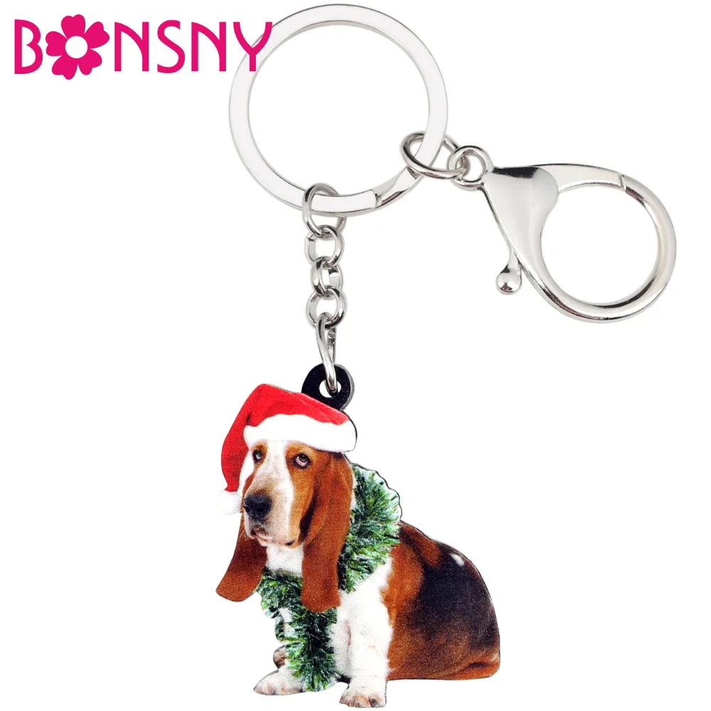 

Bonsny Acrylic Sitting Christmas Basset Hound Dog Key Chains Keychain Rings Fashion Anime Jewelry For Women Girls Handbag Charms