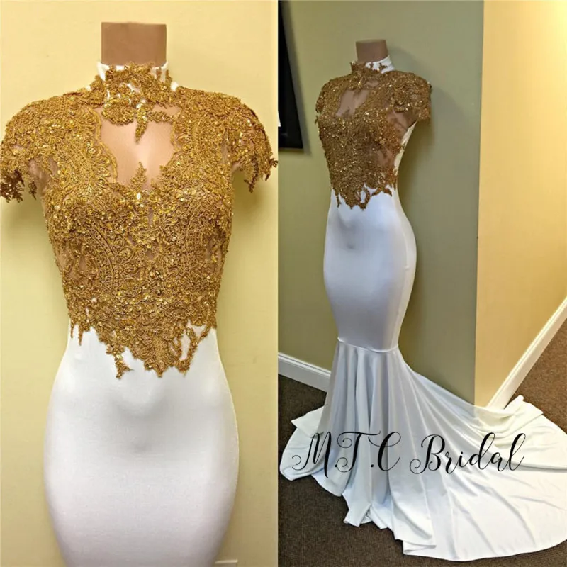 

White Mermaid Arabic Evening Gowns 2019 High Neck Sweep Train Gold Lace See Through Sexy Prom Dresses Custom Made Women Dress