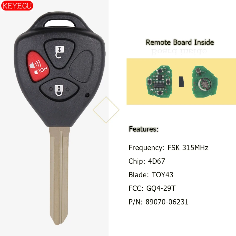 KEYECU Замена дистанционного ключа 3B Fob для Toyota Matrix Venza 2009-2013-GQ4-29T-4D67, P/N: 89070-06231
KEYECU Замена дистанционного ключа 3B Fob для Toyota Matrix Venza 2009-2013-GQ4-29T-4D67, P/N: 89070-06231