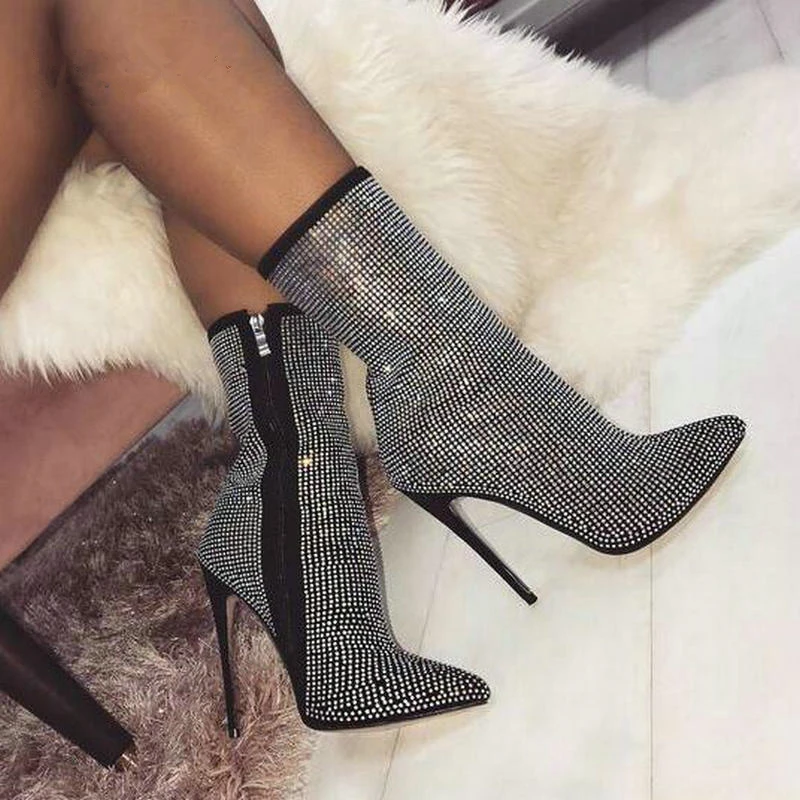 

MIUBU Dropship Autumn Winter Glitter Shoes Woman Chelsea Boots Sexy Pointed Toe 11cm Thin High Heels Ankle Boots Women Silver