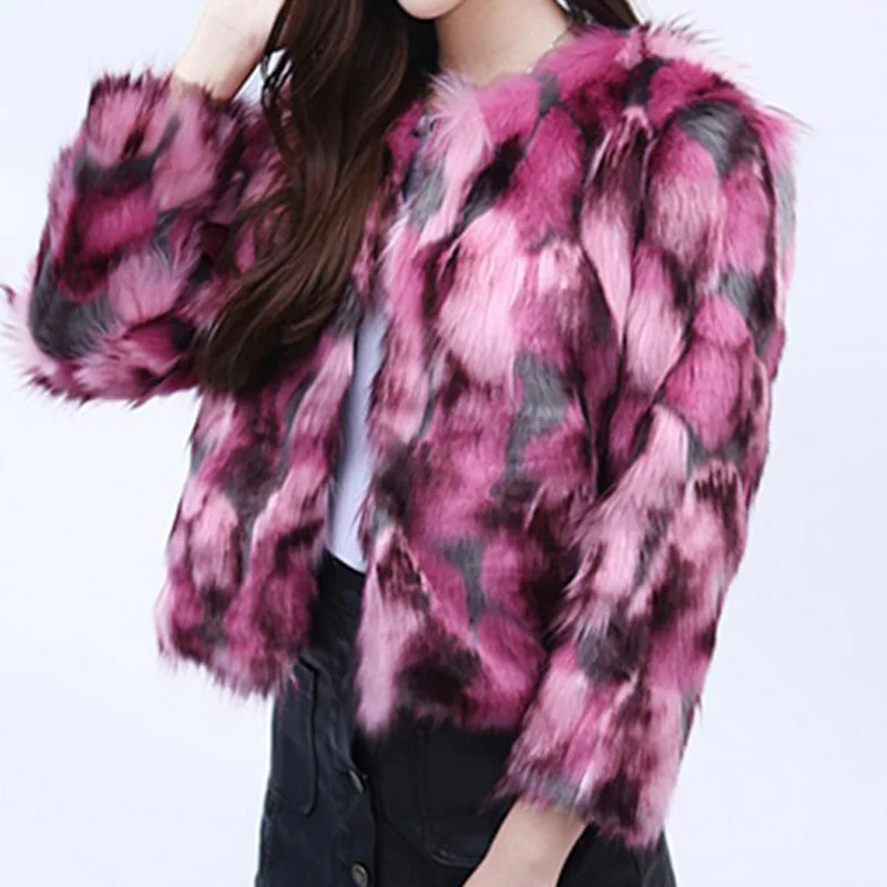 Зимнее разноцветное Короткое женское пальто из искусственного меха с круглым