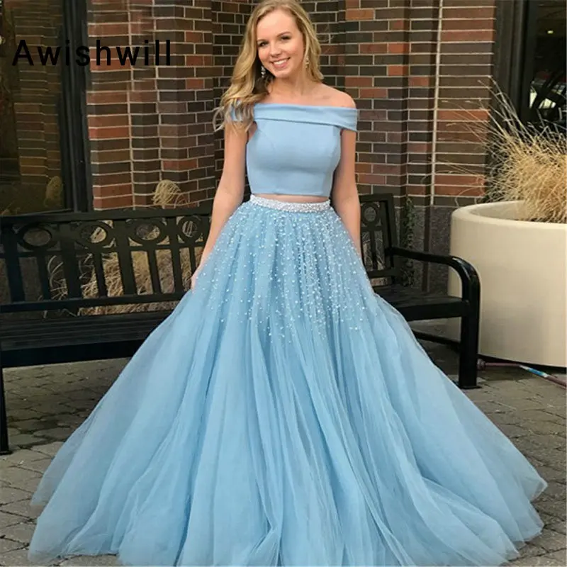 2019 New Arrival Tulle Pearls Prom Dresses Two Piece A Line Boat Neck Long Evening Gowns Custom Made Women Formal Occasion Dress
2019 New Arrival Tulle Pearls Prom Dresses Two Piece A Line Boat Neck Long Evening Gowns Custom Made Women Formal Occasion Dress
