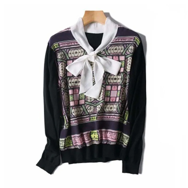 wool blend knit women fashion silk spliced printed bow tie collar tshirt thin sweater patchwork black M/L retail wholesale
wool blend knit women fashion silk spliced printed bow tie collar tshirt thin sweater patchwork black M/L retail wholesale
