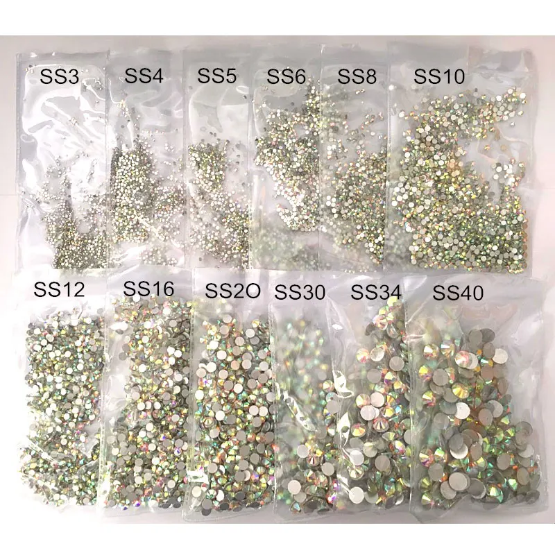 1000 штук набора страз Mix Size ss3-ss12 Non Hot Fix Rhinestone Flatback Crystal AB Glass для декорирования ногтей и не только Y2891.