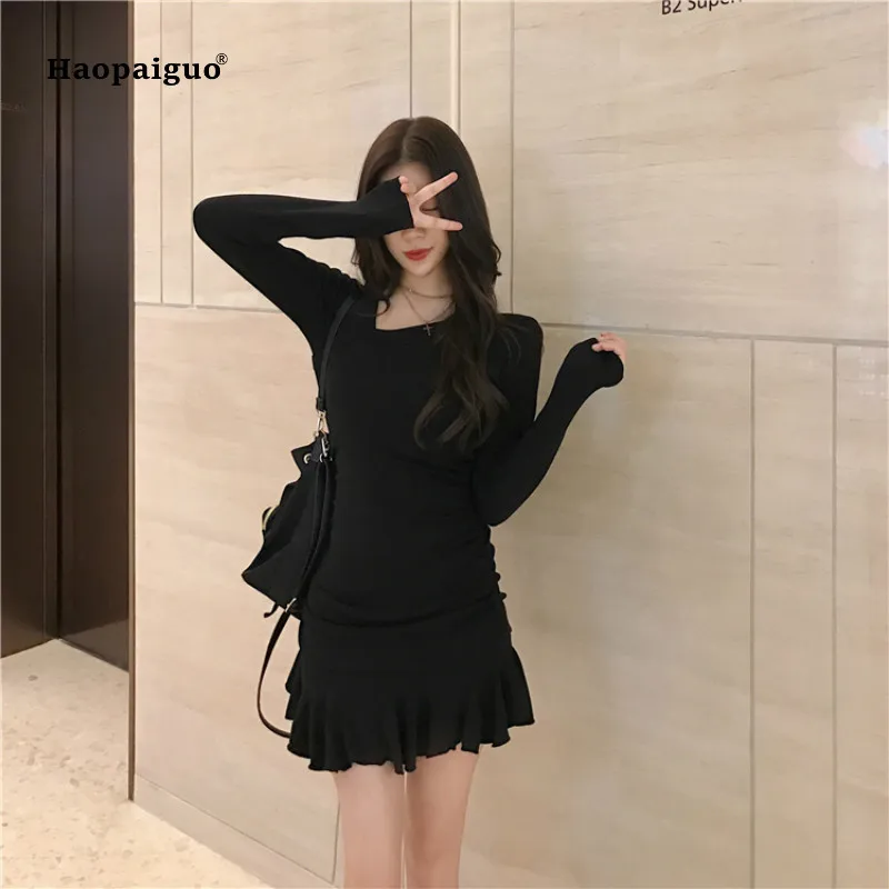 Women Solid Mermaid Dress 2019 Spring Black Burgundy Full Sleeve Asymmetrical Ruffles Casual Mini Dress Sexy Club Short Elbise
Women Solid Mermaid Dress 2019 Spring Black Burgundy Full Sleeve Asymmetrical Ruffles Casual Mini Dress Sexy Club Short Elbise