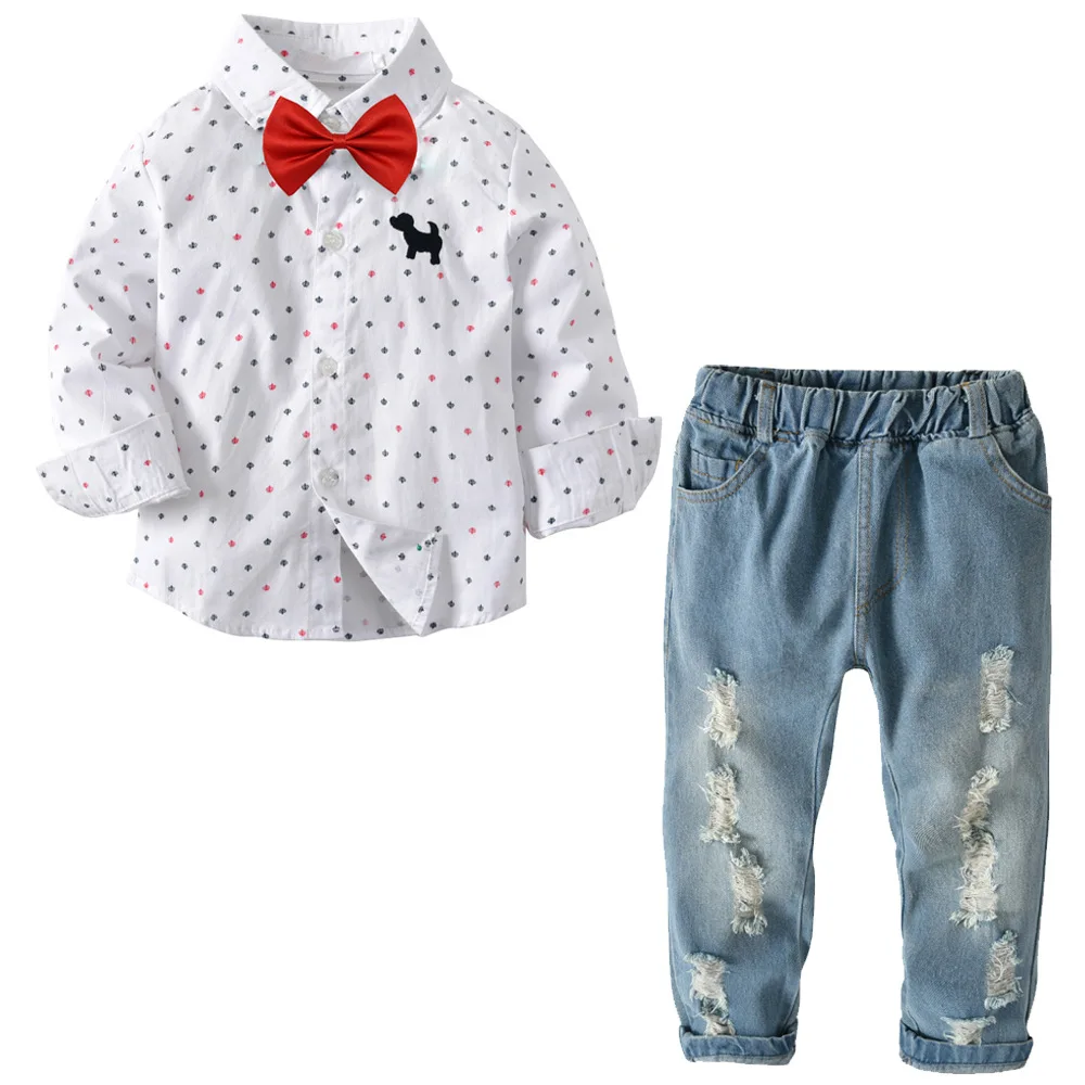 Boy's Clothing Set 2-10 Y Spring Autumn Print Shirt & Denim Holes Long Pant & Bow Tie Kids Cotton Fashion Gentleman Shirt Suits
Boy's Clothing Set 2-10 Y Spring Autumn Print Shirt & Denim Holes Long Pant & Bow Tie Kids Cotton Fashion Gentleman Shirt Suits