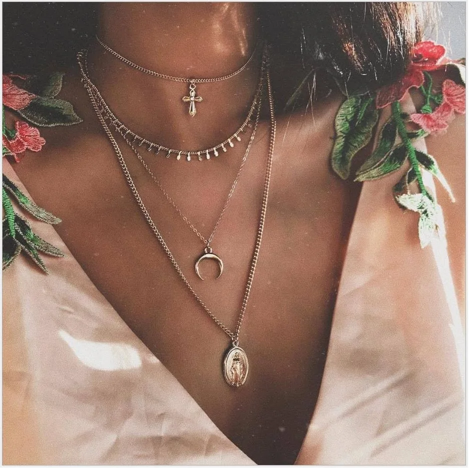 Four layers necklace Cross pendant Chain choker Oval-shaped Virgin Mary Madonna Pendant Gold color for Lady gift | Украшения и