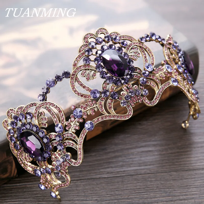 Fashion Purple Crystal Big Crown Hair Ornaments Bride Headdress Vintage Golden Tiara Queen Crown Wedding Hair Accessories
Fashion Purple Crystal Big Crown Hair Ornaments Bride Headdress Vintage Golden Tiara Queen Crown Wedding Hair Accessories