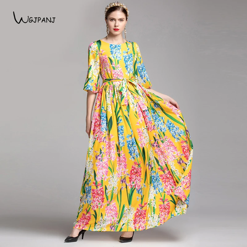 Мода 2019 Весна Плюс размер XXL длинное женское платье высокого качества желтый