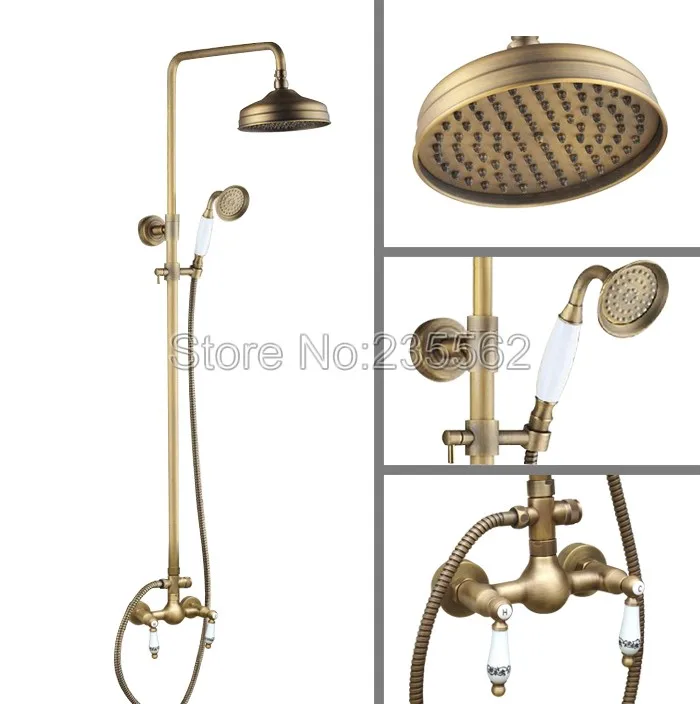 

Античный латунный настенный смеситель для ванной комнаты с двойной керамической ручкой, дождевой Душ, смеситель, набор с 8-дюймовой душевой лейкой Lan107