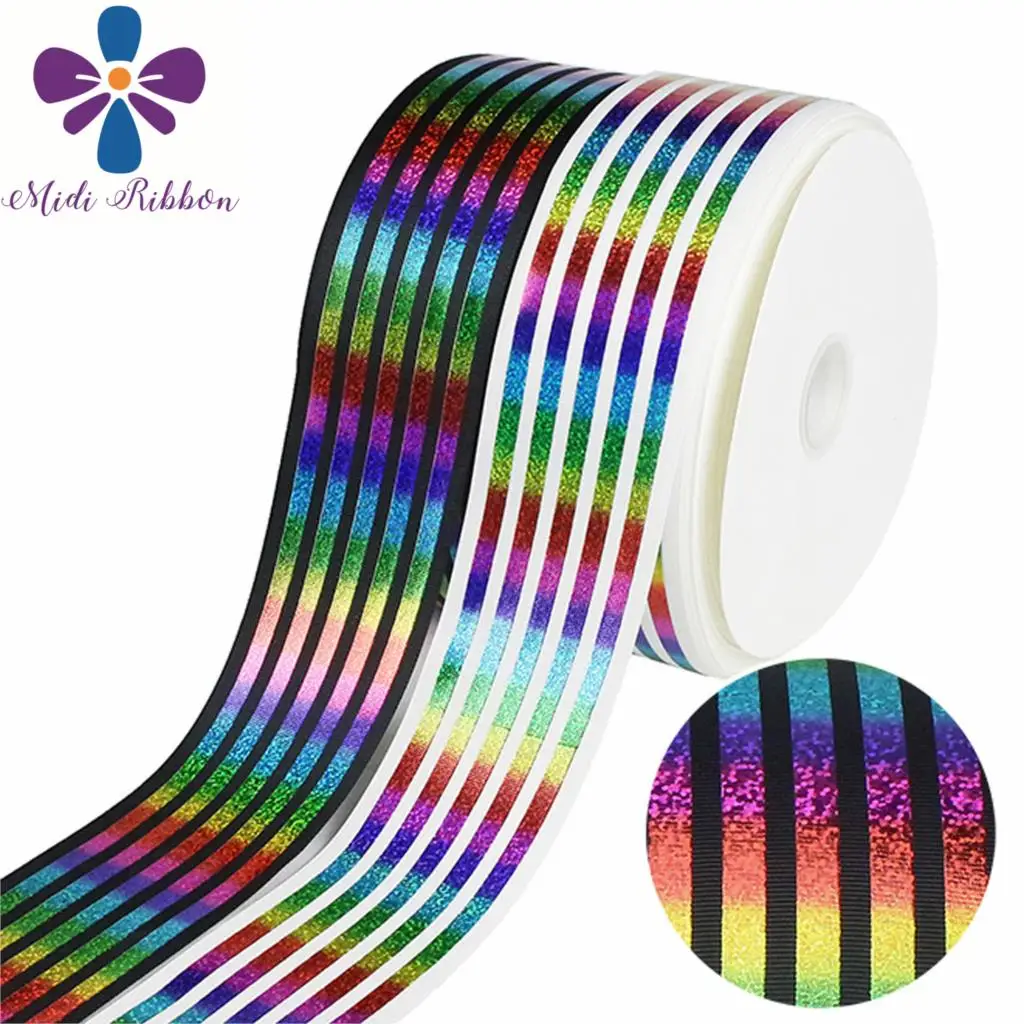 3"75mm Rainbow Hologram Foil Stripes Printed Solid Grosgrain Ribbon DIY Gift Bowknots Hair Band Making 50yards/roll
3"75mm Rainbow Hologram Foil Stripes Printed Solid Grosgrain Ribbon DIY Gift Bowknots Hair Band Making 50yards/roll