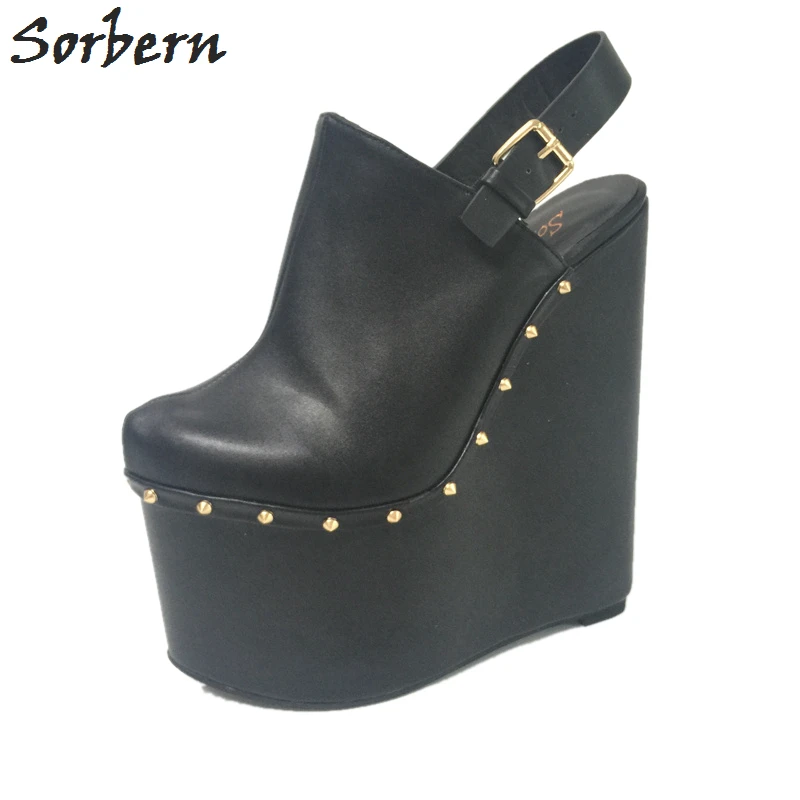 

Sorbern Women Black High Heel Wedges 20Cm Pointed Toe Slingbacks Women Platform Shoes Spring 2018 Designer Heels Runway Shoes