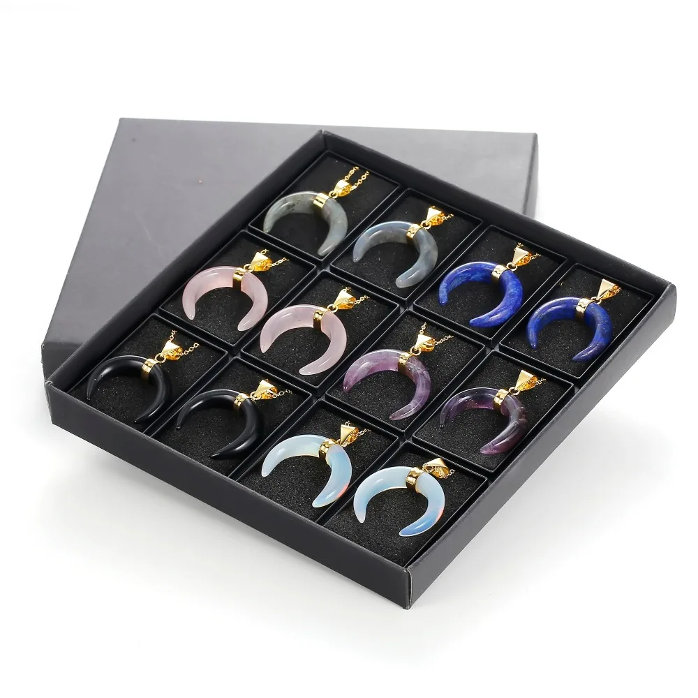 Natural Crystal Ox horn Pendant Women Necklace 12PCS Display Gift box Chakra Reiking Quartz Gold Charms Men Jewelry|Подвески| |
