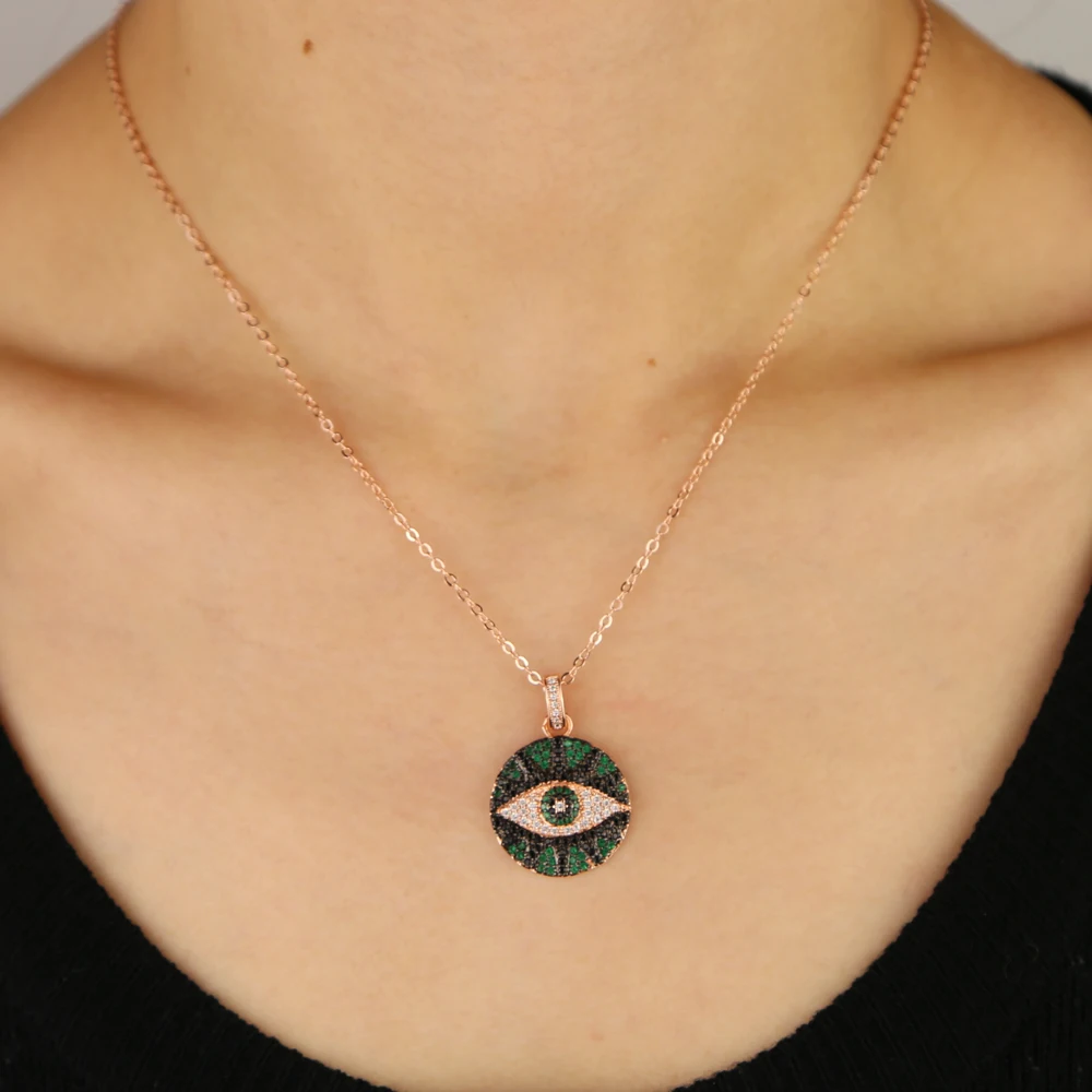 New black green white cubic zirconia turkish evil eye pendant Bohemia rose gold color necklace for women lady lucky jewelry | Украшения