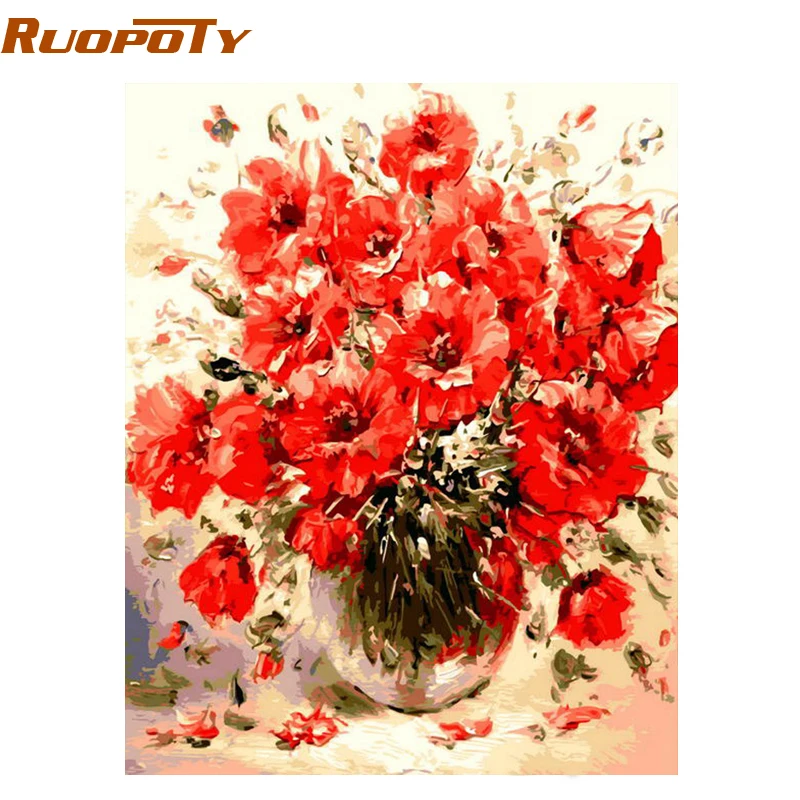 RUOPOTY рамка красные цветы DIY Цифровая краска по номерам настенная живопись ручная