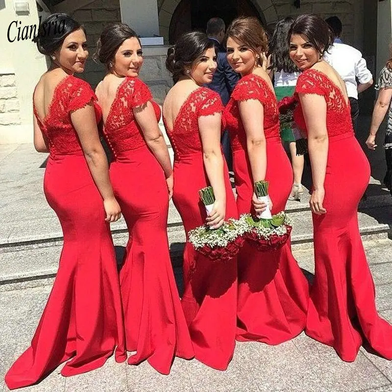 Red V-Neck Long Mermaid Bridesmaid Dresses Cap Sleeve Open Back Appliques Wedding Guest Dress For Wedding Party robe demoiselle
Red V-Neck Long Mermaid Bridesmaid Dresses Cap Sleeve Open Back Appliques Wedding Guest Dress For Wedding Party robe demoiselle
