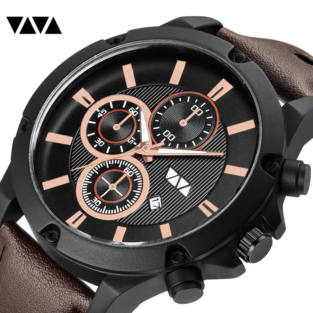 

VAVA VOOM Sport Men Watches Brown Fashion Quartz Wristwatch Men Waterproof Leather Breathable Strap Calendar Clock reloj hombre