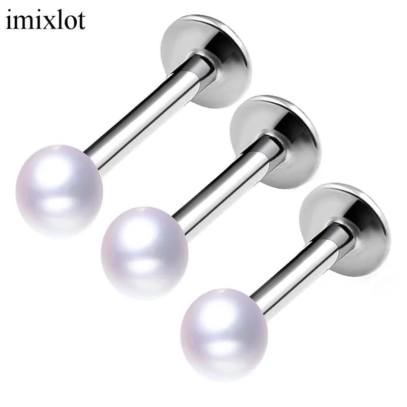 imixlot Stainless Steel Imitation Pearl Body Piercing For Women Men Nose Ear Lip Tongue Single Puncture Flesh Tunnels Jewelry | Украшения и