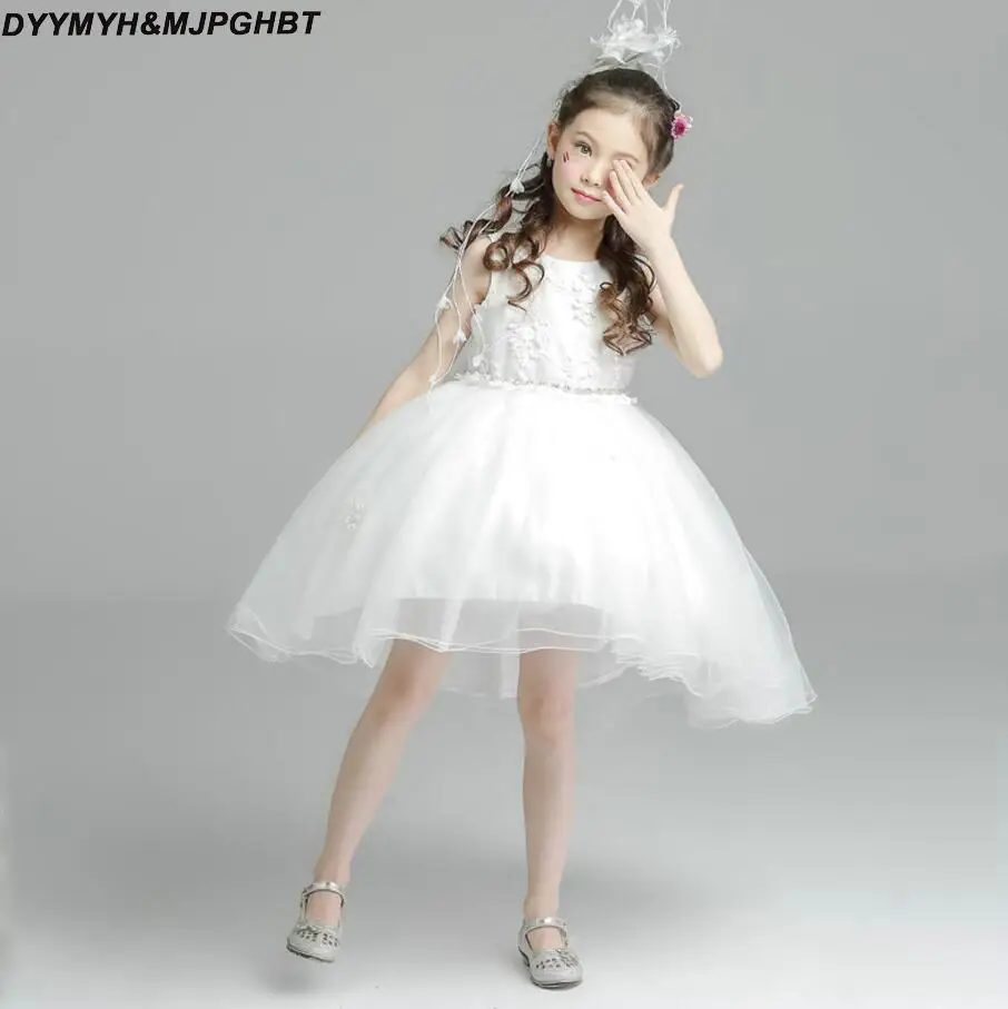 Hi Lo White Flower Girl Dresses Ball Gown Skirt Crystal Sash Lace Top Organza Asymmetrical Girls Pageant Dress | Свадьбы и торжества