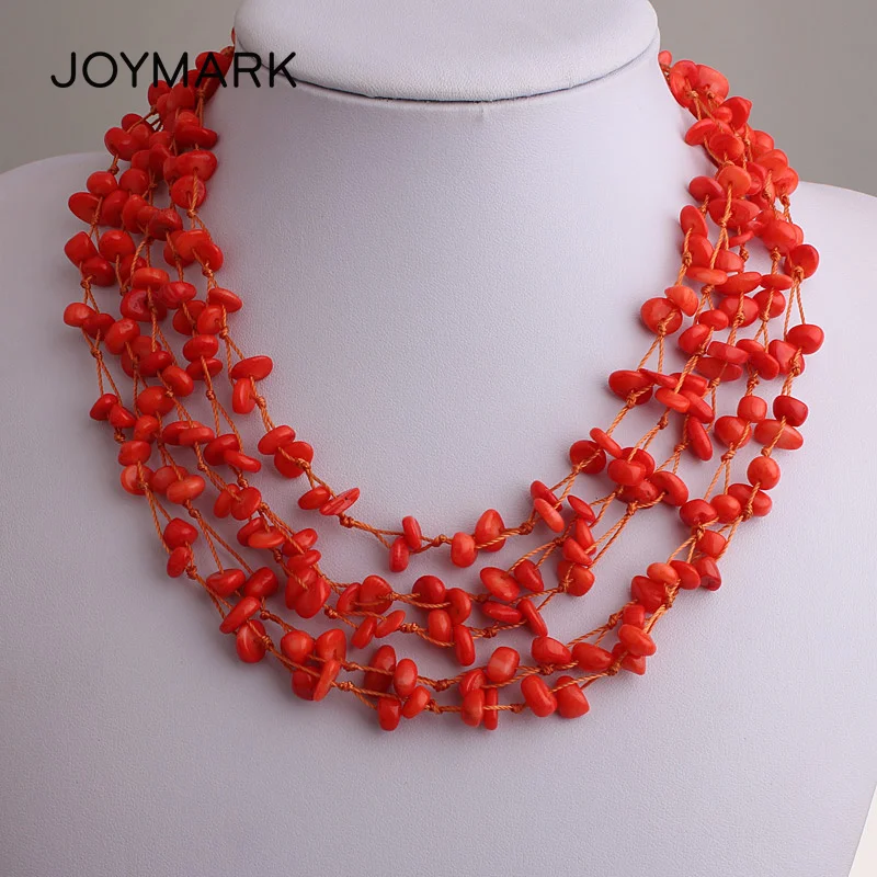 

New Handmade Multi-strand Mother of Pearl And Coral Chips Women Bohemia Style Holiday Choker Bib Chunky Beaded Necklaces SBN-002