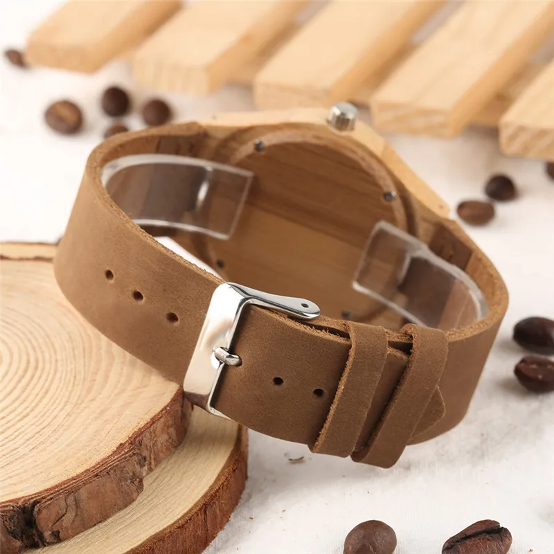 Простые Женские бамбуковые часы с ремешком из натуральной кожи минималистичные