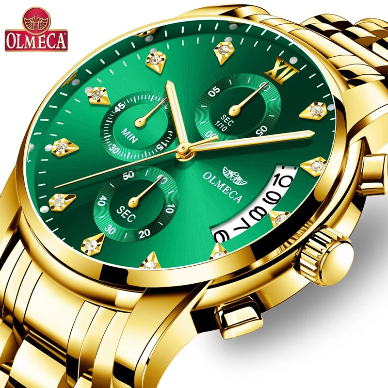 OLMECA Gold Stainless steel Strap Quartz Watch Chronograph Waterproof Watches Wrist Watches Men Classic Green Diamond Dial Clock
OLMECA Gold Stainless steel Strap Quartz Watch Chronograph Waterproof Watches Wrist Watches Men Classic Green Diamond Dial Clock