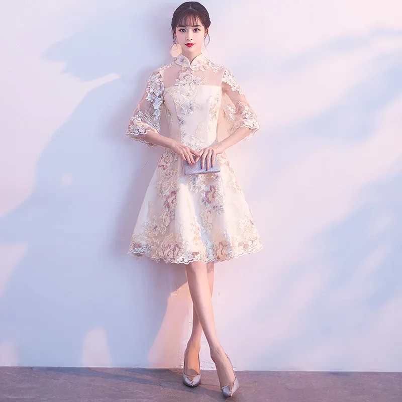 Кружевное китайское платье цвета шампанского Qipao вечерние платья для невесты