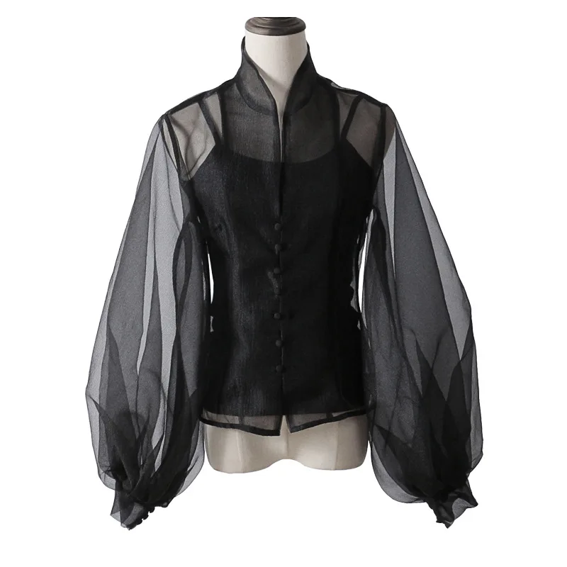 Johnature Streetwear Sexy Perspective Black Shirt 2021 Summer New Fashion Simple Puff Sleeve Button Mesh Womens Tops And Blouses
Johnature Streetwear Sexy Perspective Black Shirt 2021 Summer New Fashion Simple Puff Sleeve Button Mesh Womens Tops And Blouses