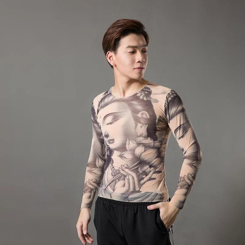 2019 Модные мужские футболки с имитацией татуировок длинным рукавом эластичные