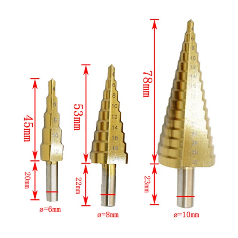 Steel Large Step Cone Titanium Coated Metal Drill Bit Cut Tool Sets Hole Cutter 4-12mm/4-20mm/4-32mm HSS 4241 Sets Drilling
Steel Large Step Cone Titanium Coated Metal Drill Bit Cut Tool Sets Hole Cutter 4-12mm/4-20mm/4-32mm HSS 4241 Sets Drilling