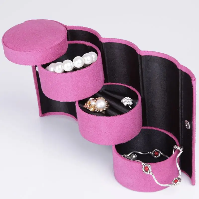Velvet Jewelry Box Travel 3-Layer Roll-up Snap Storage Earring Bracelet Display Y4QB