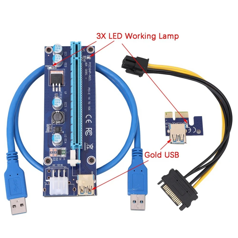 PCI E Riser 6 Pin 16X для BTC майнинга 3 светодиодный кабель Sata экспресс карт и 60 см Золотой