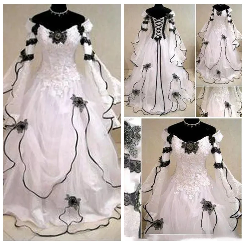 2021 White And Black Gothic Wedding Dresses Lace Appliques Draped Bridal Gowns Long Sleeves Modest Vestidos De Mariee Custom
2021 White And Black Gothic Wedding Dresses Lace Appliques Draped Bridal Gowns Long Sleeves Modest Vestidos De Mariee Custom