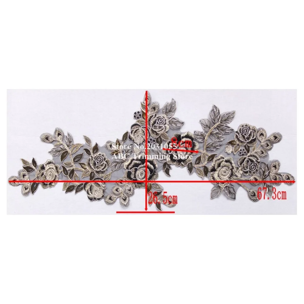 15pcs/lot x Long Silver/Black Rose Flower Embroidery Lace Appliques Collar on Organza Dance Dress Costume Wedding DECOR TBNC117B | Дом и сад