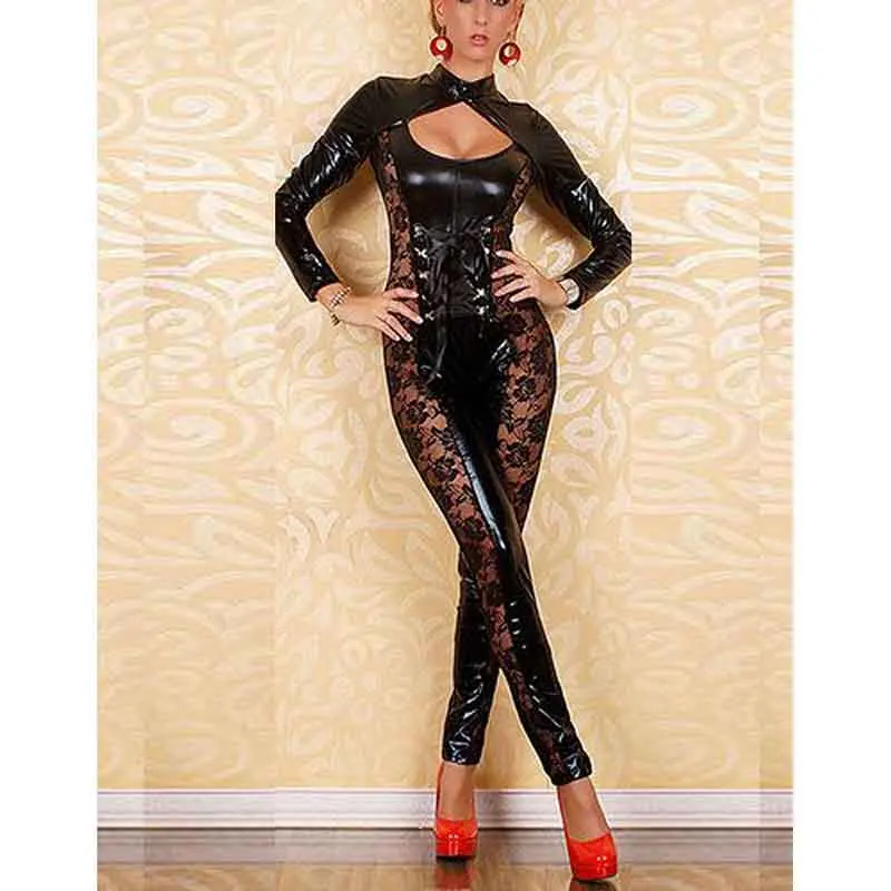 Sexy Faux Leather Catsuit Black Hollow Out Summer Turtleneck Bodysuit Women Long Sleeve Lace Patchwork Jumpsuit Women Clubwear
Sexy Faux Leather Catsuit Black Hollow Out Summer Turtleneck Bodysuit Women Long Sleeve Lace Patchwork Jumpsuit Women Clubwear