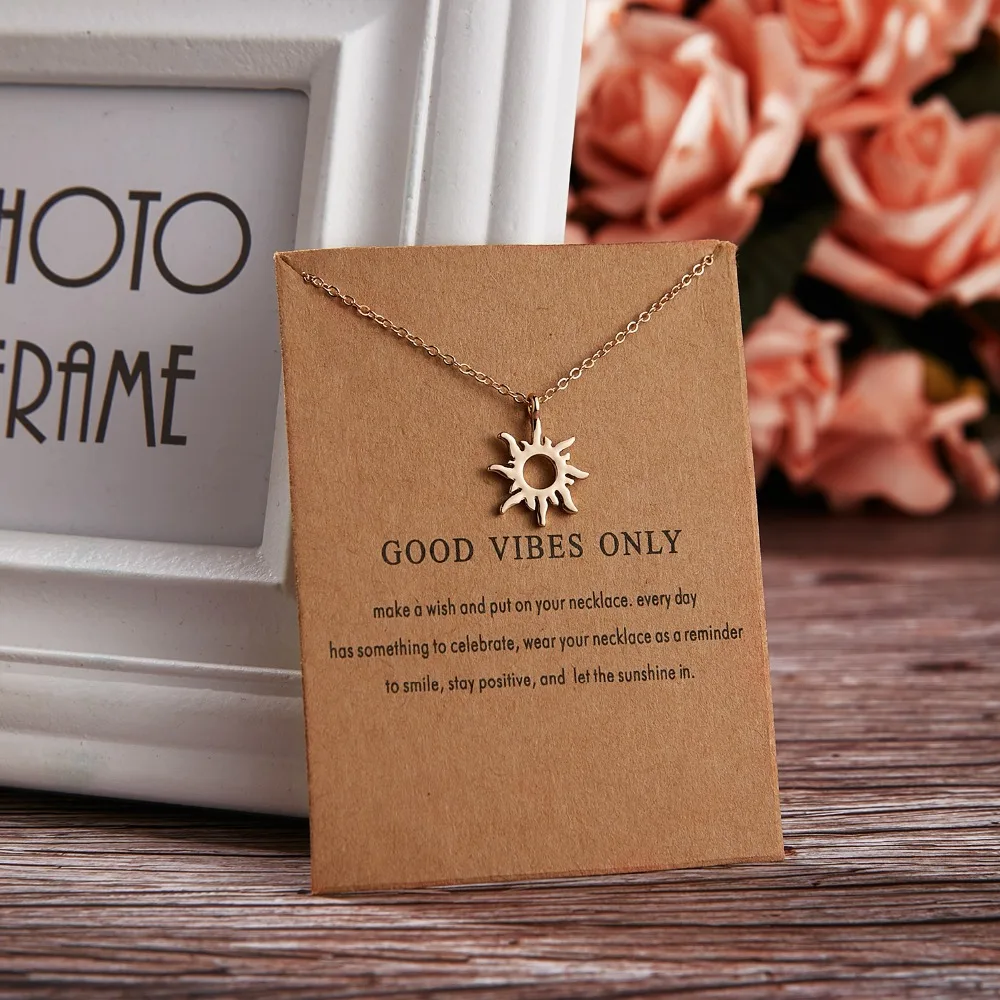 48cm Shorter Necklace Sun Pendants & Necklaces Good Vibes Only Wish Card Jewelry Gold Color Choker Clavicle Chains Necklace Gift
48cm Shorter Necklace Sun Pendants & Necklaces Good Vibes Only Wish Card Jewelry Gold Color Choker Clavicle Chains Necklace Gift
