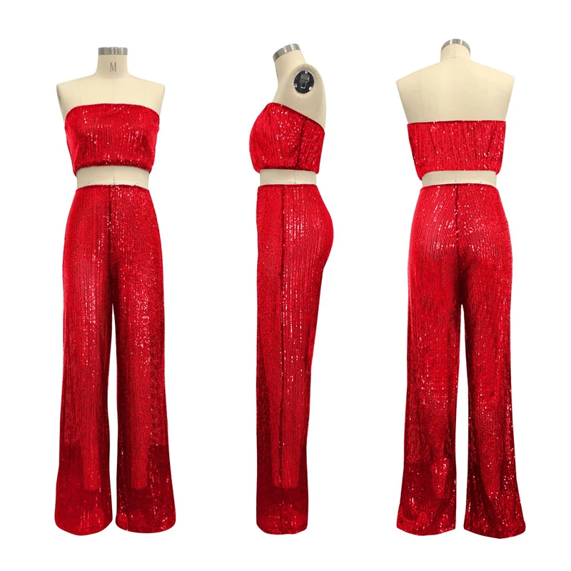 Women Two Piece Set Strapless Sequin Sexy Club Outfit Slash Neck Crop Top and Pants Wide Leg Elegant Sequined Party Pants Suit
Women Two Piece Set Strapless Sequin Sexy Club Outfit Slash Neck Crop Top and Pants Wide Leg Elegant Sequined Party Pants Suit