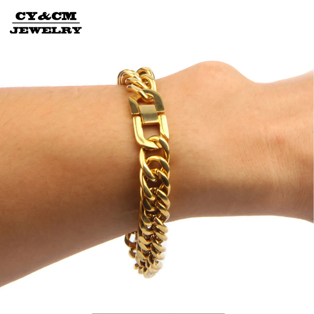 

CY & CM 12 мм 15 мм Классический золотой браслет из нержавеющей стали с кубинскими звеньями мужской крутой Рок Хип-хоп стиль браслеты ювелирные и...